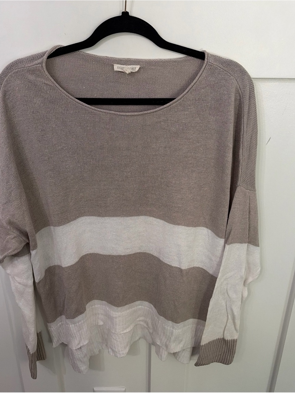 Eileen Fisher Taupe and Ivory Striped Rolled Round Neck Sweater